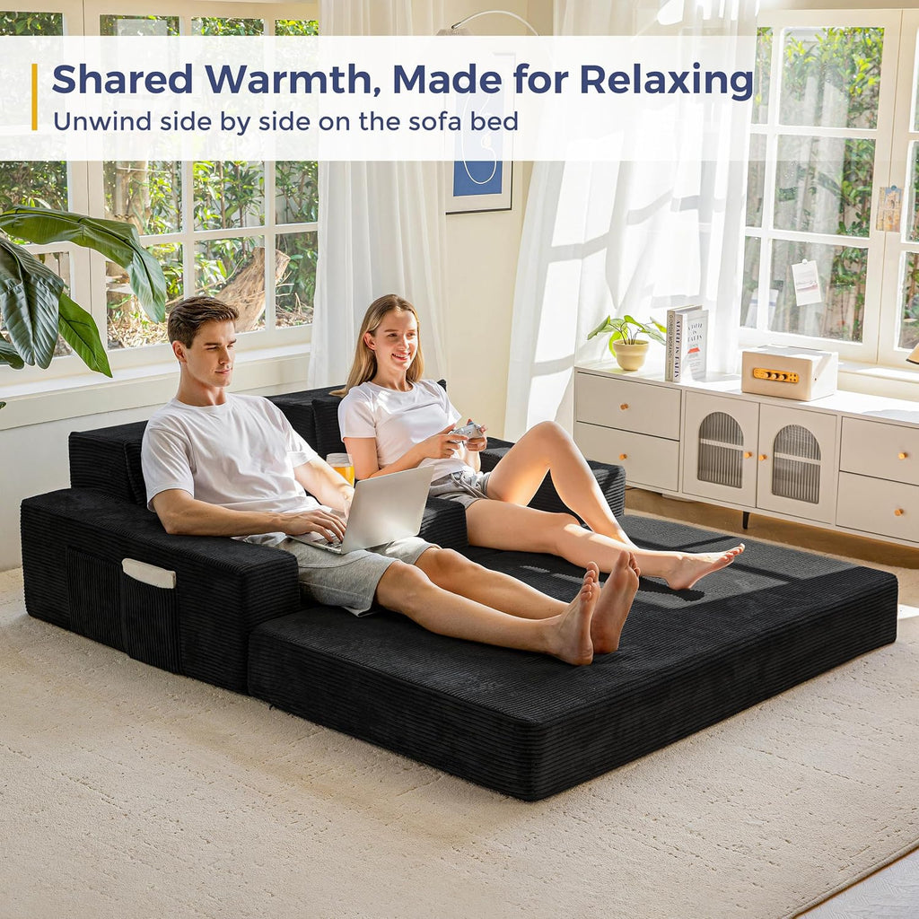 MAXYOYO Loveseat Sofa Bed, 64' Foldable Floor Sofa Couch in A Box with 2 Cup Holders, 4 in 1 Convertible Boneless Couch Folding Recliner Sleeper Chair for Living Room, No Assembly Required, Black