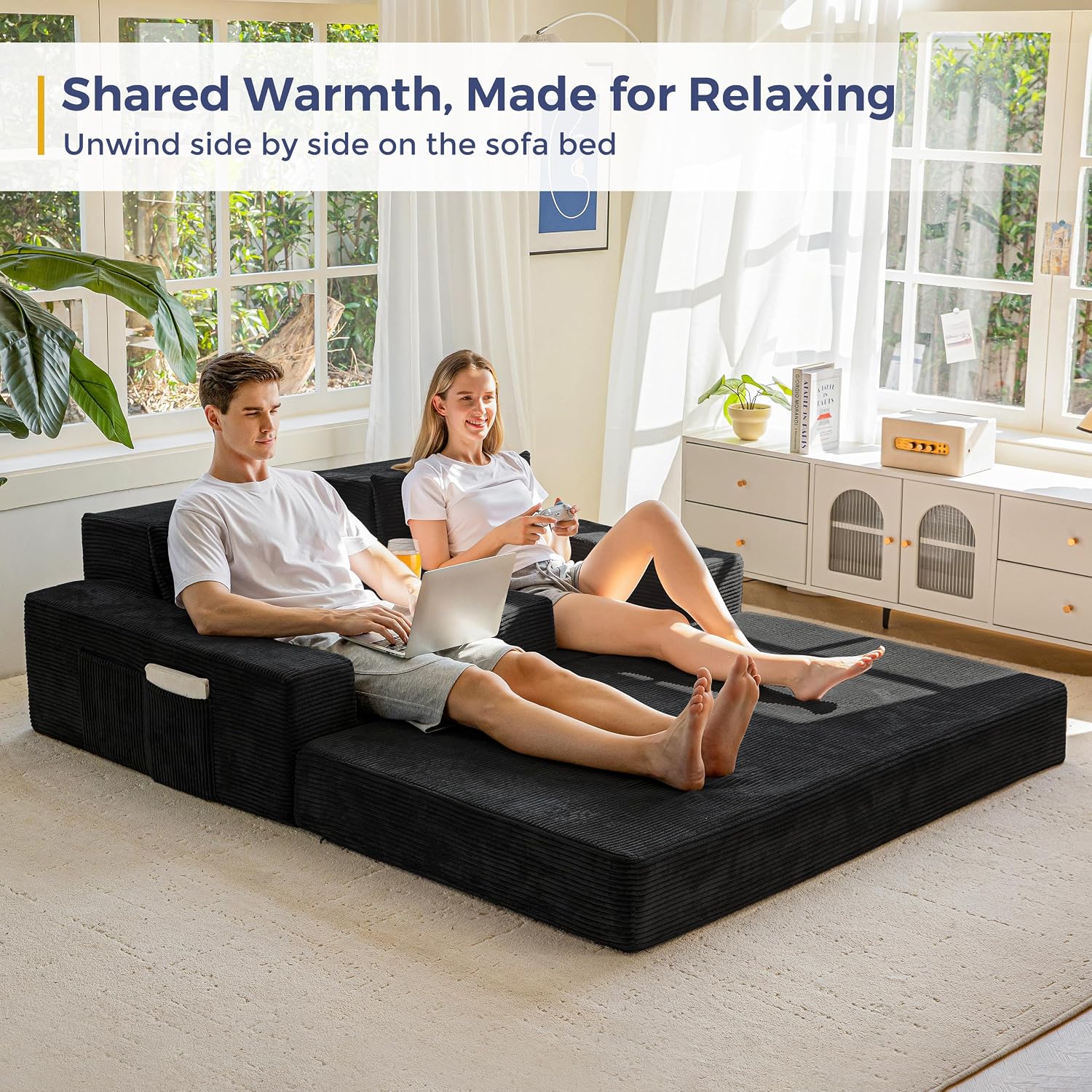 MAXYOYO Loveseat Sofa Bed, 64' Foldable Floor Sofa Couch in A Box with 2 Cup Holders, 4 in 1 Convertible Boneless Couch Folding Recliner Sleeper Chair for Living Room, No Assembly Required, Black