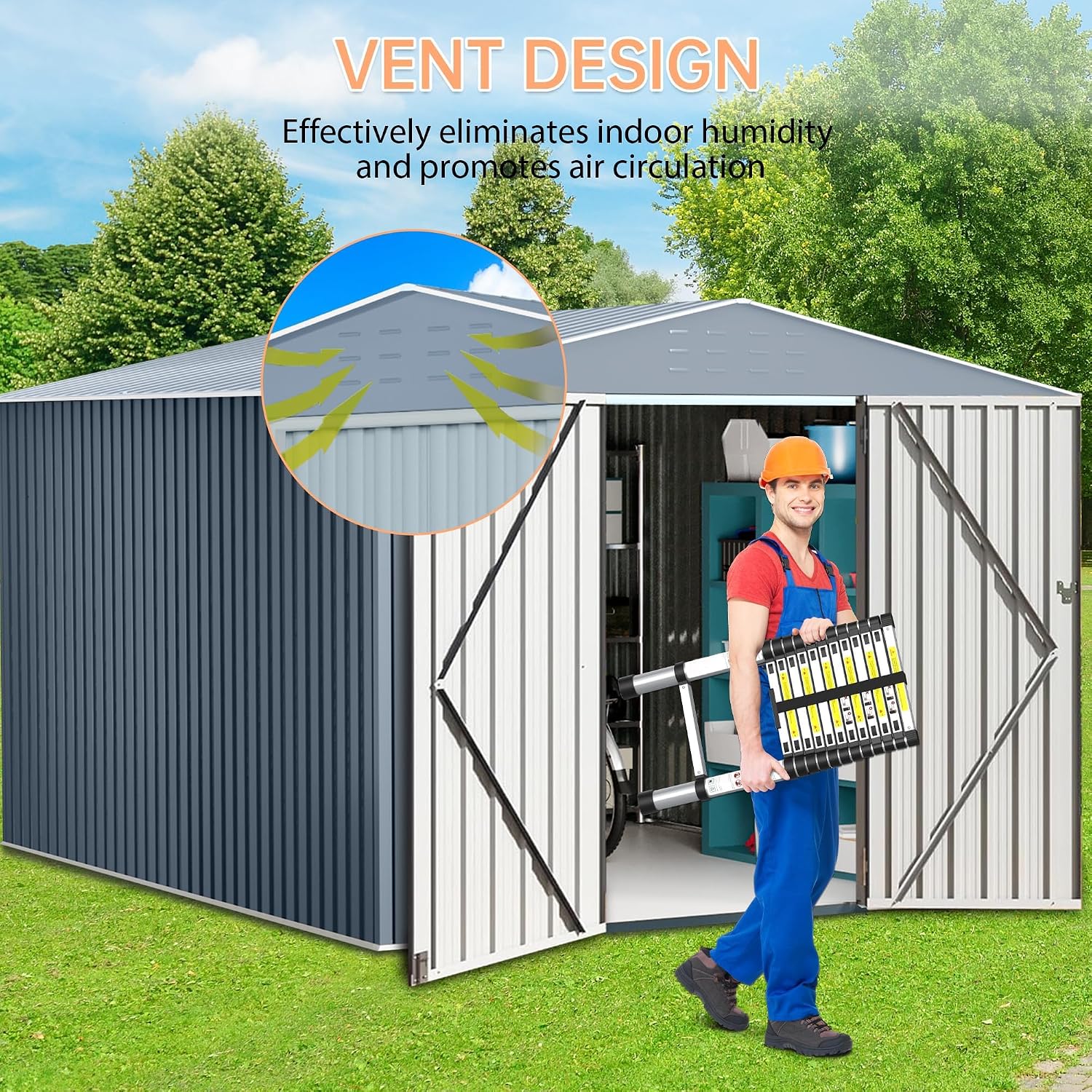 Outdoor Storage Shed 10 X 10 FT, Large Metal Storage Sheds, with Reinforced Sloping Roo, Door Lock, Waterproof, for Backyard, Garden Patio Lawn