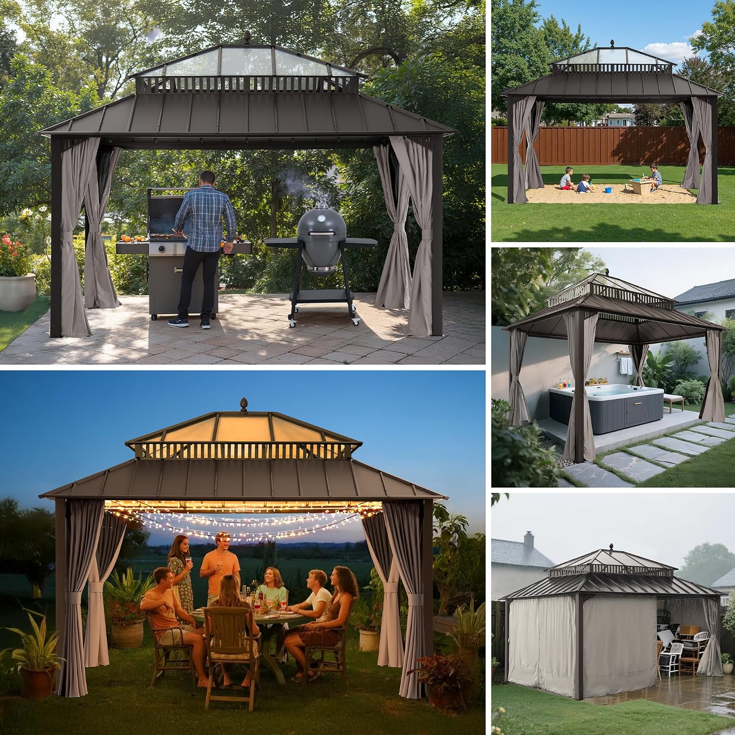 SUNJOY Kingston 14' x 12' Hardtop Gazebo with Galvanized Steel/Polycarbonate Double Roof, Curtain and Netting, Brown Aluminum Posts Permanent Pavilion Gazebo for Garden, Patio, Deck, Lawn