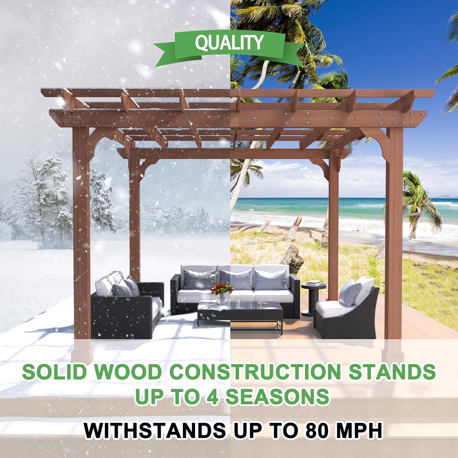 BlueWish 10'x10' Outdoor Pergola, Patio Cedar Wood Gazebo Outdoor Backyard Gazebo Pergola Kits with Slatted Roof Trellis & Stakes for Deck Grill Party Garden