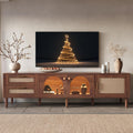 Merax Rattan TV Stand with LED Lights, 70' Entertainment Center with 3 Cabinets & 2 Drawers Media Console Table for TVs Up to 80', Solid Wood Feet, Living Room, Bedroom Furniture
