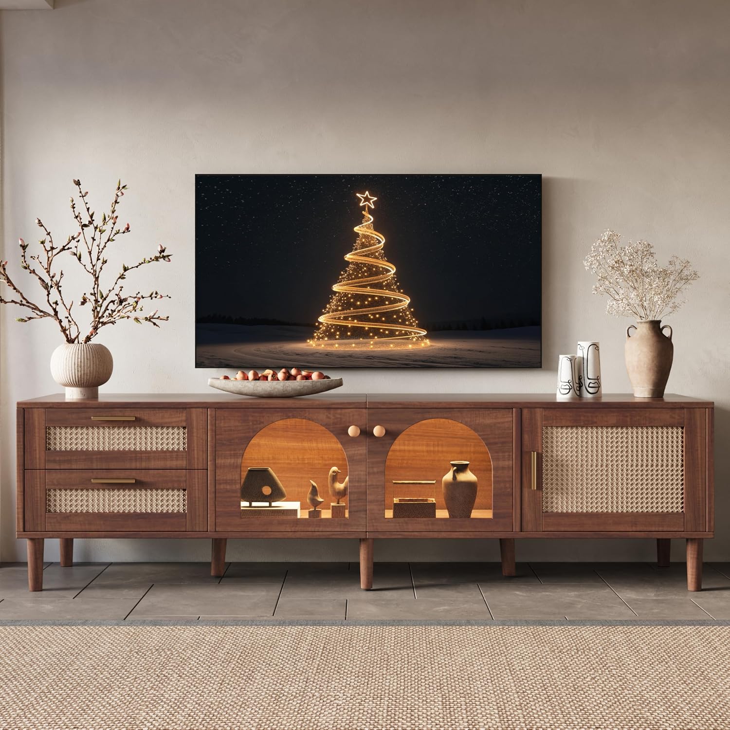 Merax Rattan TV Stand with LED Lights, 70' Entertainment Center with 3 Cabinets & 2 Drawers Media Console Table for TVs Up to 80', Solid Wood Feet, Living Room, Bedroom Furniture