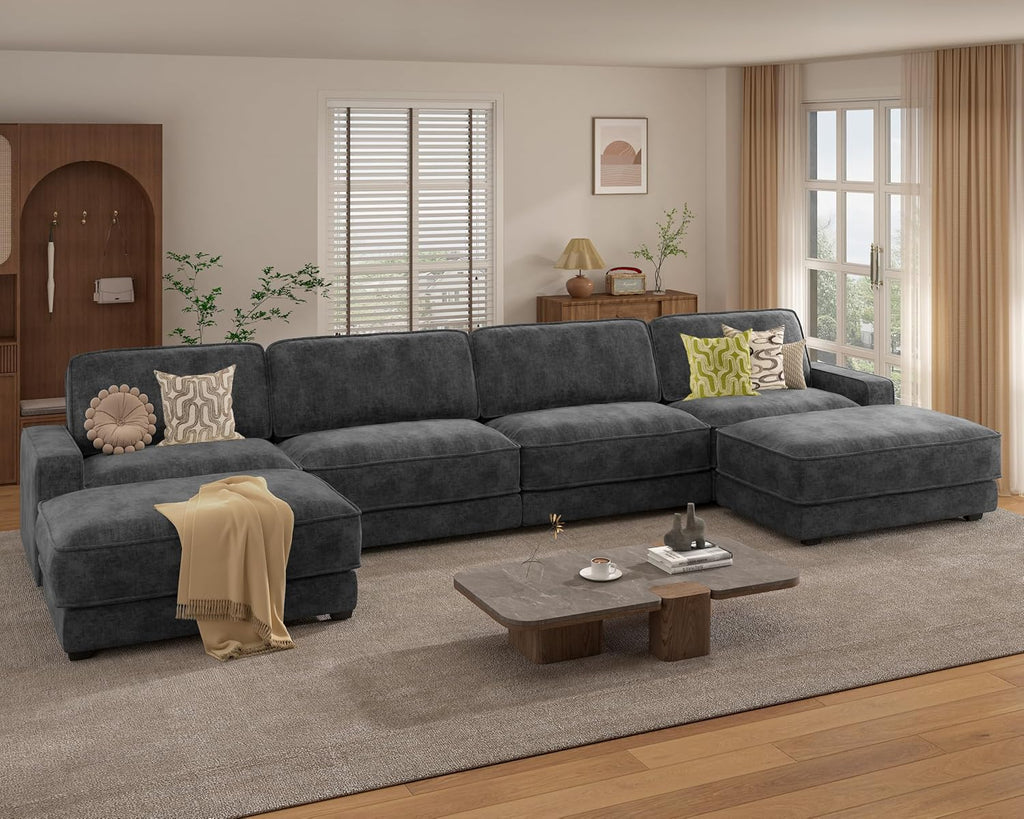 Vipbear 160' Oversized Modular Sectional Sofa, U Shaped Couch Set with 2 Pillows, 6 Seat Comfy Cloud Couches with 2 Movable Ottomans for Living Room, Bedroom and Apartment, Chenille Dark Grey