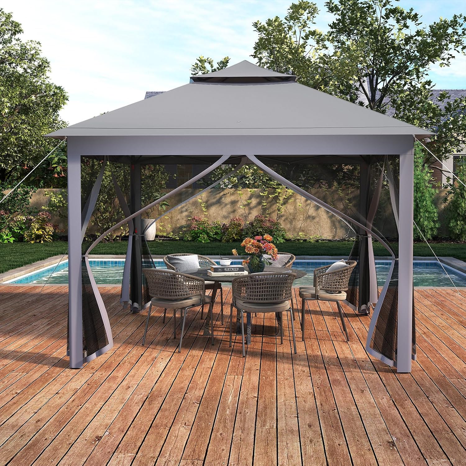 Goplus11 ft × 11 ft Pop up Gazebo, Portable Screen Canopy Shelter w/Mesh Netting Sidewalls, Vented Top, Drainage Holes, Heavy-Duty Height Adjustable Easy Setup Party Tent for Backyard