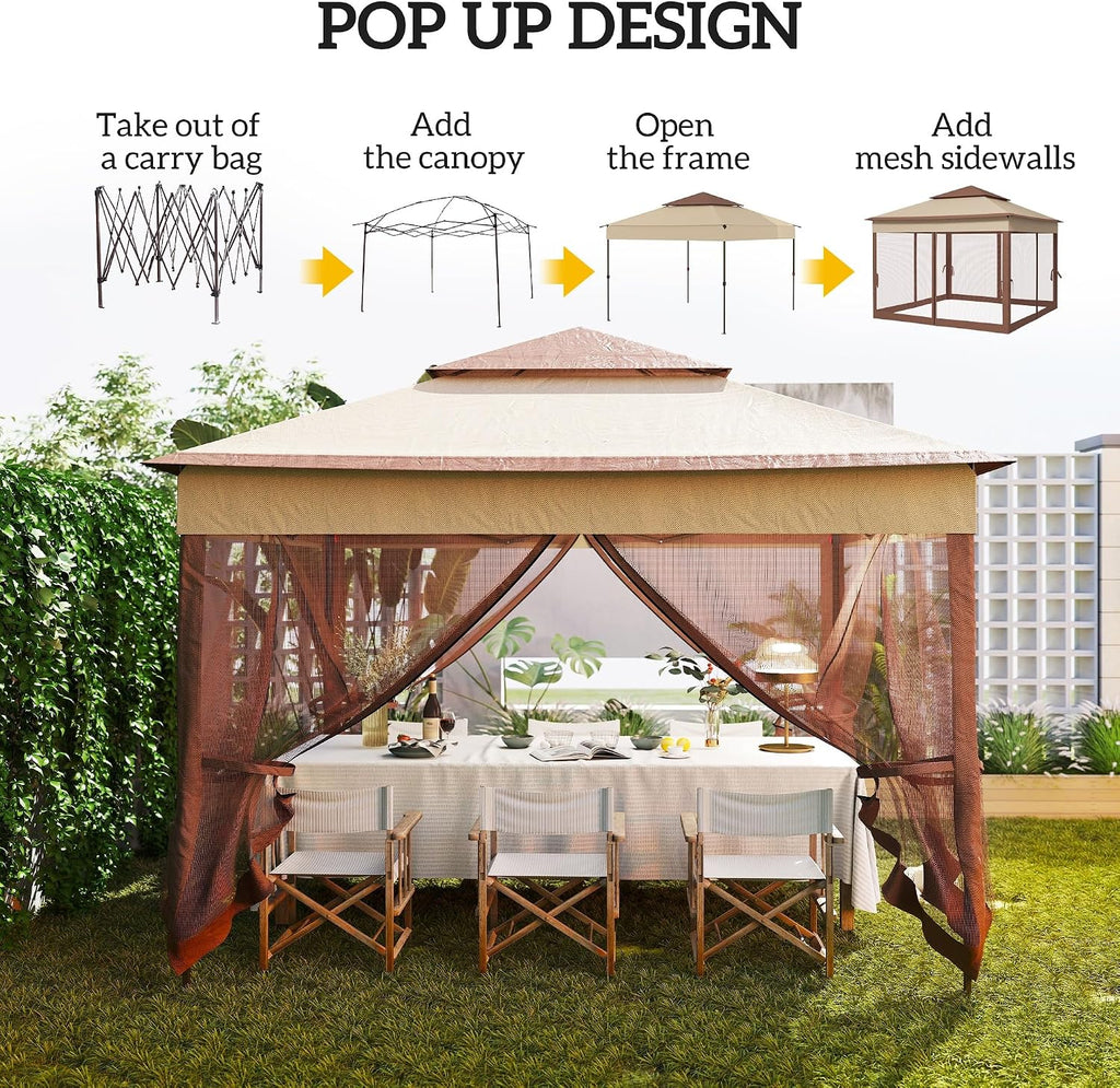 Outsunny 11' x 11' Pop Up Canopy, Outdoor Patio Gazebo Shelter with Removable Zipper Netting, Instant Event Tent w/ 114 Square Feet of Shade and Carry Bag for Backyard, Garden, Khaki