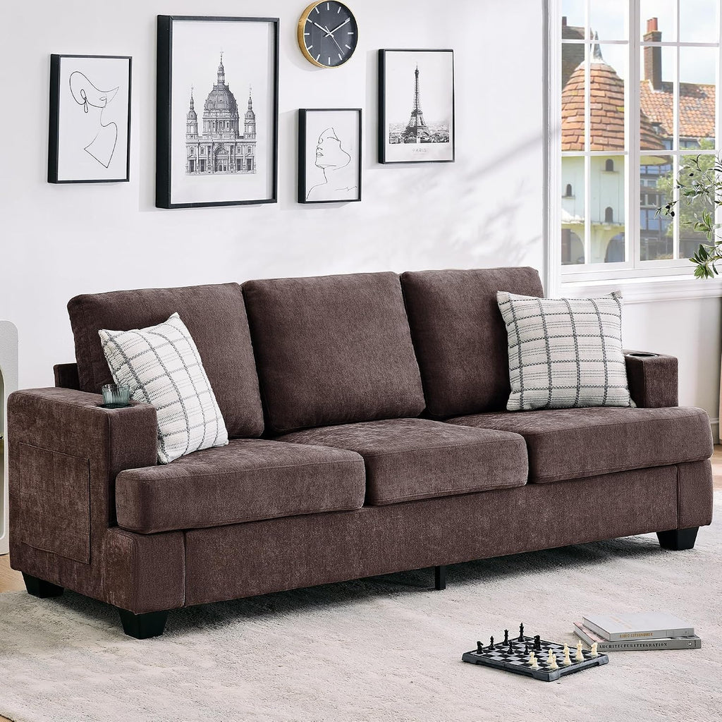 89' Chenille 3-Seater Sofa with Cup Holders and Side Storage Pockets, Modern Sofa for Living Room, Deep Seat Couches for Apartment Lounge, Brown