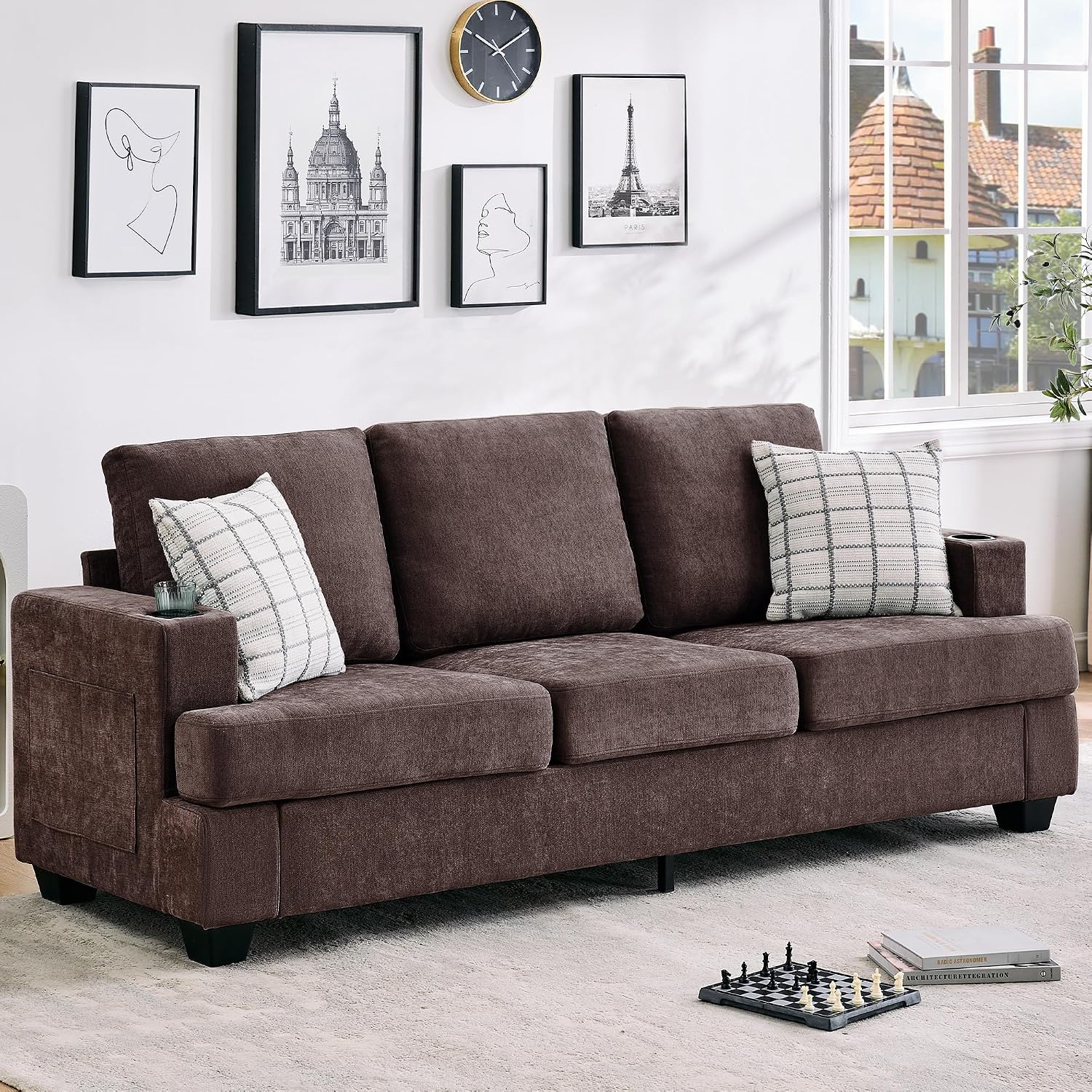 89' Chenille 3-Seater Sofa with Cup Holders and Side Storage Pockets, Modern Sofa for Living Room, Deep Seat Couches for Apartment Lounge, Brown