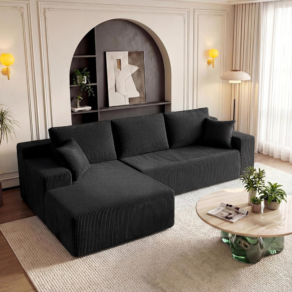 GRUSIGN Cloud Sectional Boneless Couches for Living Room, Modular L Shaped Couch with Deep Seat Oversized Left Facing Chaise, Memory Foam Compressed Spineless 3 Seater Sofa for Apartment, Black