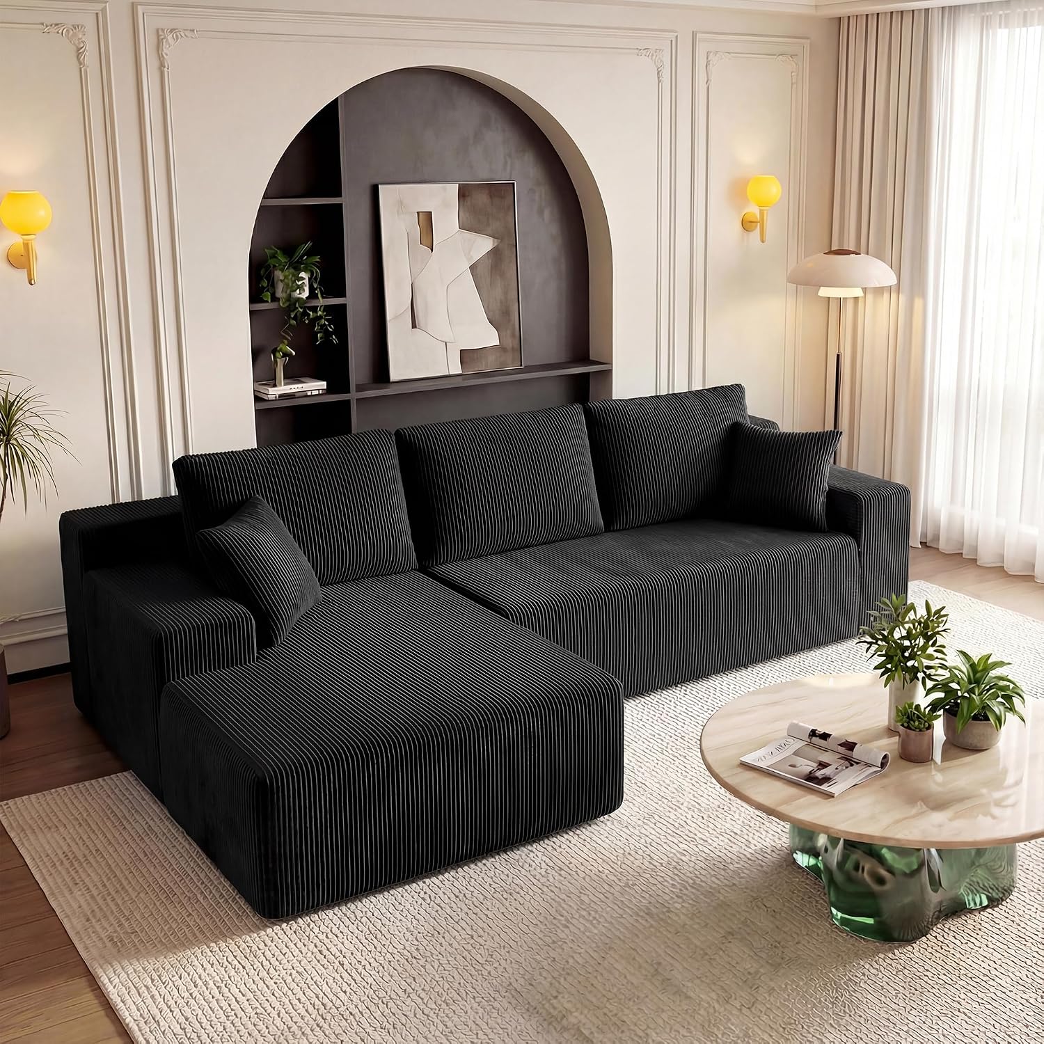 GRUSIGN Cloud Sectional Boneless Couches for Living Room, Modular L Shaped Couch with Deep Seat Oversized Left Facing Chaise, Memory Foam Compressed Spineless 3 Seater Sofa for Apartment, Black