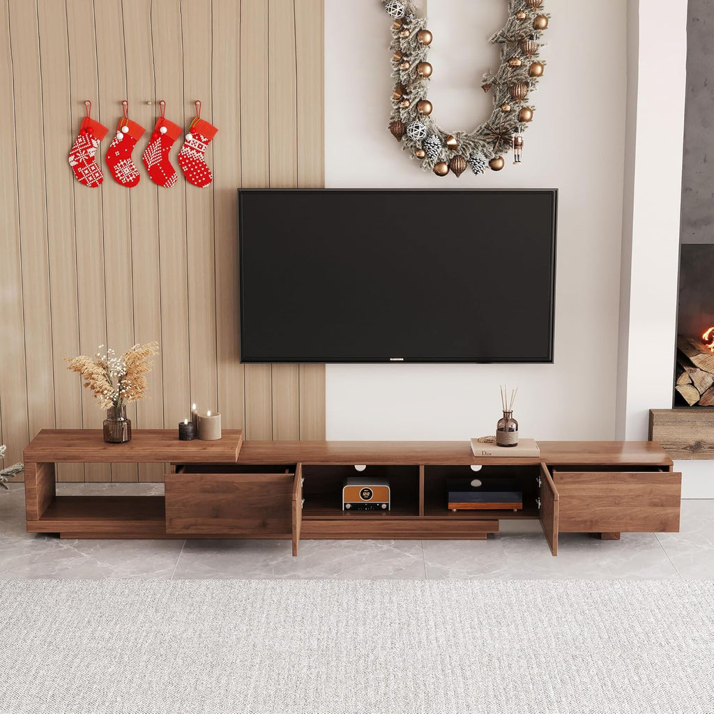 Mid Century Modern TV Stand for 75+ Inch TVs, Extendable Media Console (78'-103') with Ample Storage - Sleek Walnut Entertainment Center for Living Room