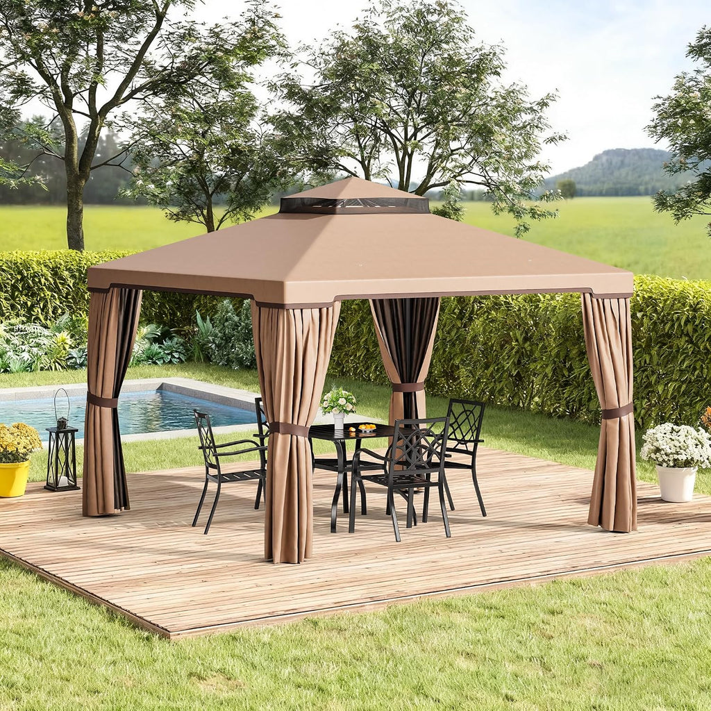 Incbruce Outdoor 10x10 FT Garden Gazebo, Steel Vented Double Roof Patios Canopy, Outside Gazebo with Mosquito Netting for Backyard, Lawns, Party (Brown)
