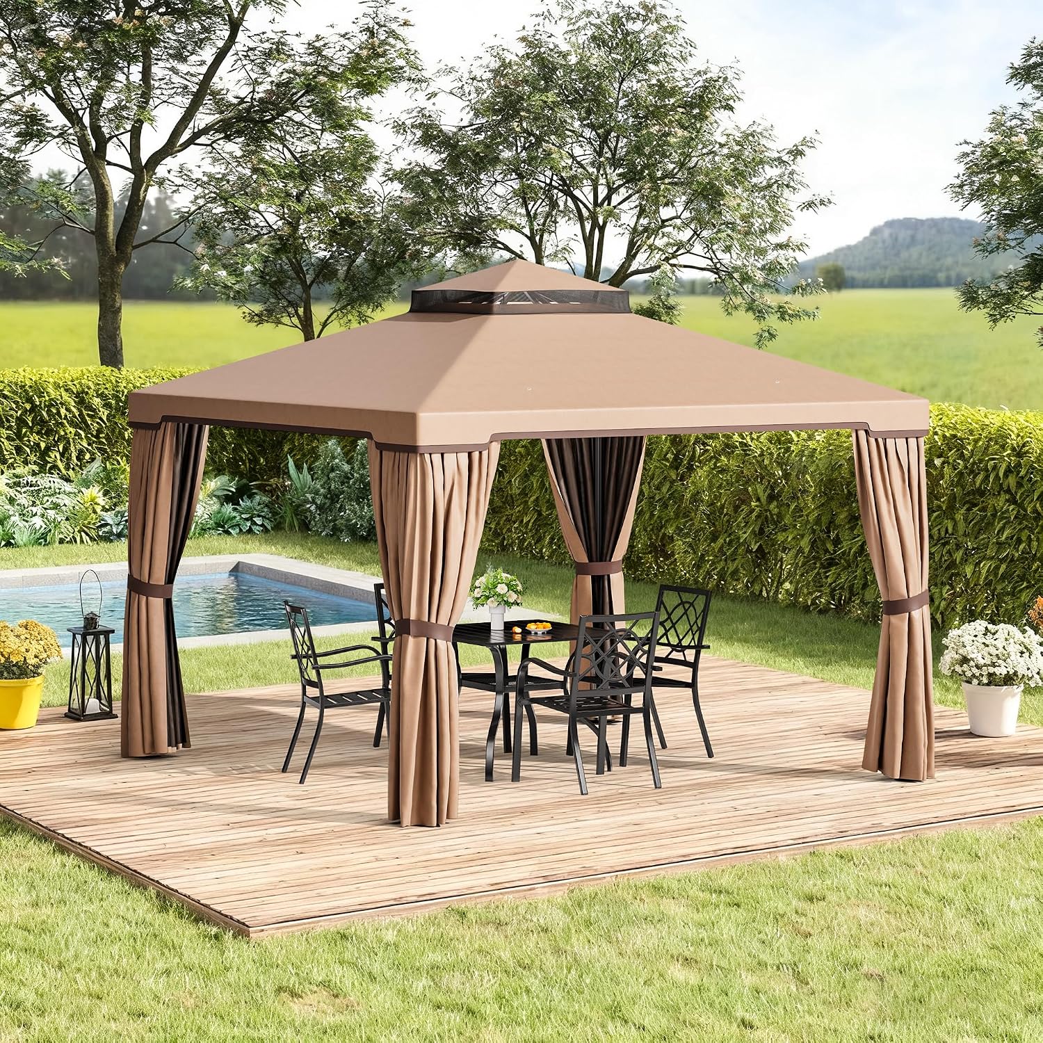 Incbruce Outdoor 10x10 FT Garden Gazebo, Steel Vented Double Roof Patios Canopy, Outside Gazebo with Mosquito Netting for Backyard, Lawns, Party (Brown)