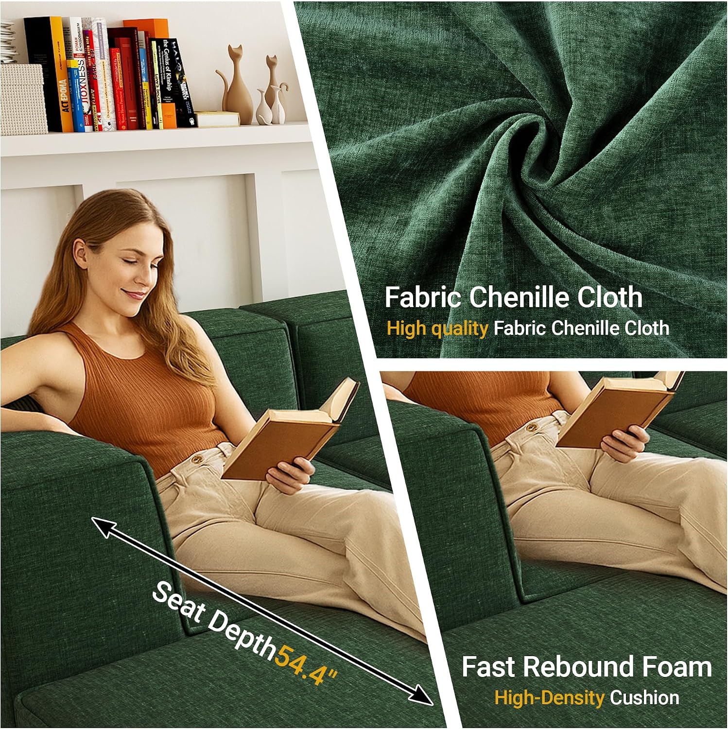 136' 6-Piece Sectional Sofa Modular Couches,L-U-Shaped with Chaise,for Living Room,Compressed Foam No Assembly,for Living Room (2xArmless Corner Ottoman) Fabric Chenille Green