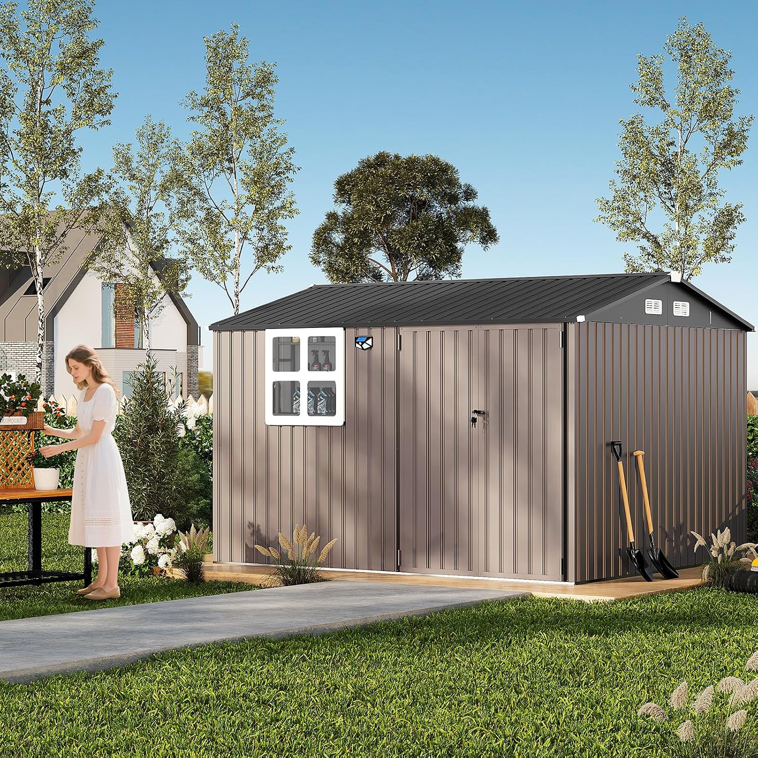 Garvee 6x8 Ft Heavy-Duty Metal Storage Shed with Lockable Door & Windows - Galvanized Steel Outdoor Utility Shed with Sloped Roof for Backyard, Garden, Garage, and Patio, Brown