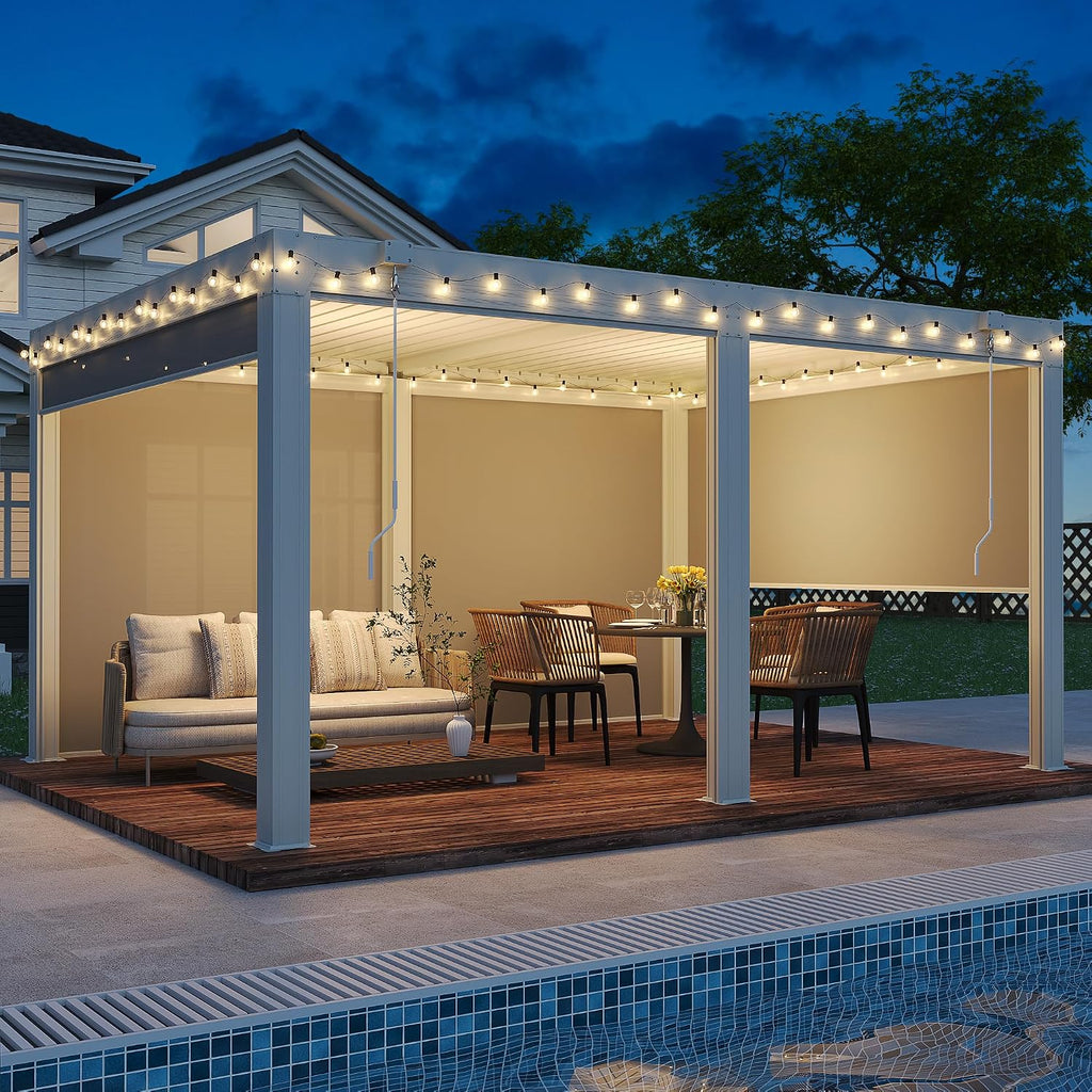 EROMMY 12x16 Louvered Pergola with Side Pull-Down Screen, Outdoor Aluminum Pergola with Thickened Frame and Adjustable Metal Rainproof Roof for Deck Patio Garden Yard, White