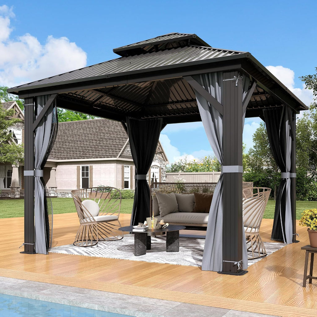 10'x10' Hardtop Gazebo, Heavy Duty Double Roof Galvanized Aluminum gazebos with Netting & Curtain, Outdoor Patio Gazebo for Patio, Backyard, Deck, Lawn (10x10 FT)