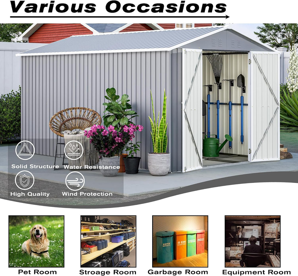 8x12 Ft Large Metal Outdoor Storage Shed with Floor Frame & Lock, Durable Waterproof & Windproof Tool Shed for Garden, Backyard, Patio