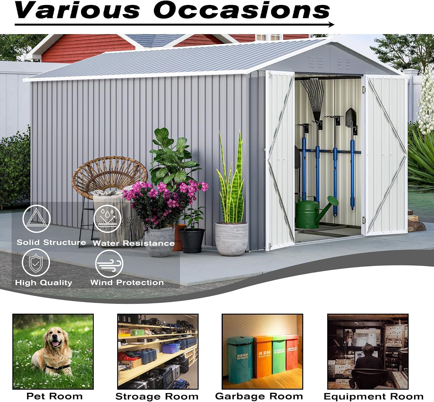 8x12 Ft Large Metal Outdoor Storage Shed with Floor Frame & Lock, Durable Waterproof & Windproof Tool Shed for Garden, Backyard, Patio