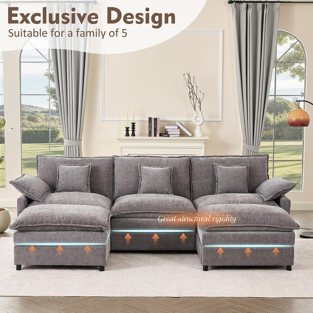 GOSUHI 108' U Shaped Couch, Modular Sectional Sofa, 3-Seater Comfy Cloud Couch, Set of Modular Pieces with Movable Ottoman, Deep Seat Couches for Living Room, Chenille, Slate