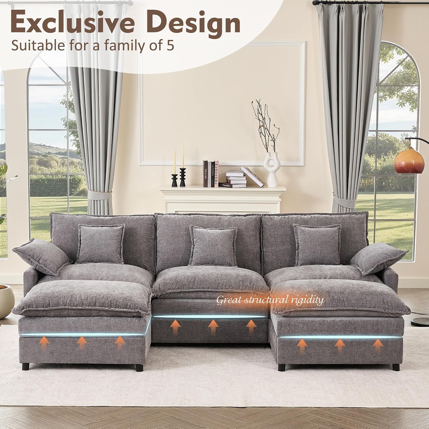 GOSUHI 108' U Shaped Couch, Modular Sectional Sofa, 3-Seater Comfy Cloud Couch, Set of Modular Pieces with Movable Ottoman, Deep Seat Couches for Living Room, Chenille, Slate