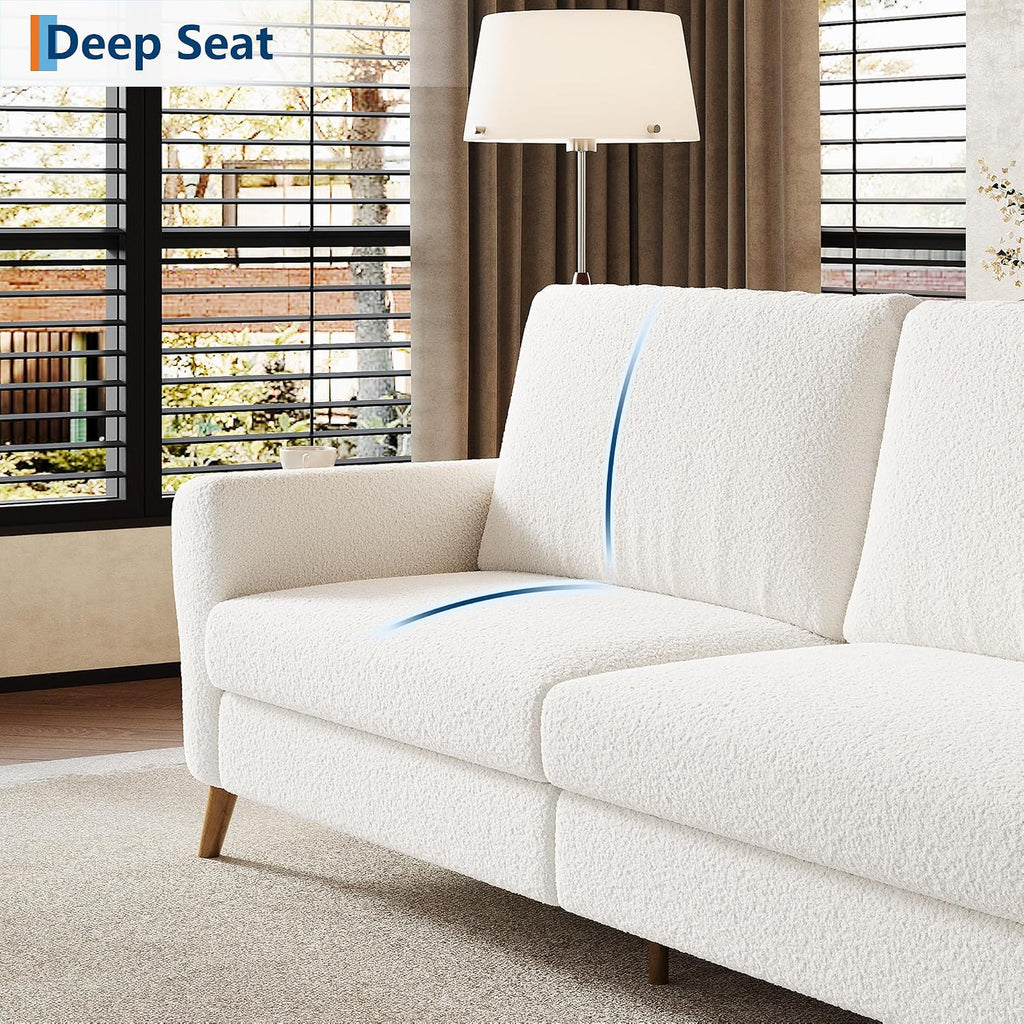 IDEALHOUSE 84 Inch Modern Sofa Couch, Large 3-Seater Sofa with Streamlined Armrests, Boucle Loveseat Wood Feet, Comfy Couch for Living Room, Apartment, Lounge, White