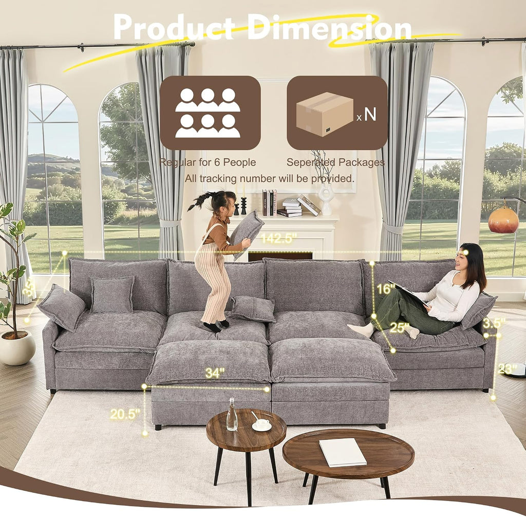 GOSUHI 142.5' U Shaped Couch, Modular Sectional Sofa, 3-Seater Comfy Cloud Couch, Set of Modular Pieces with Movable Ottoman, Deep Seat Couches for Living Room, Chenille, Slate