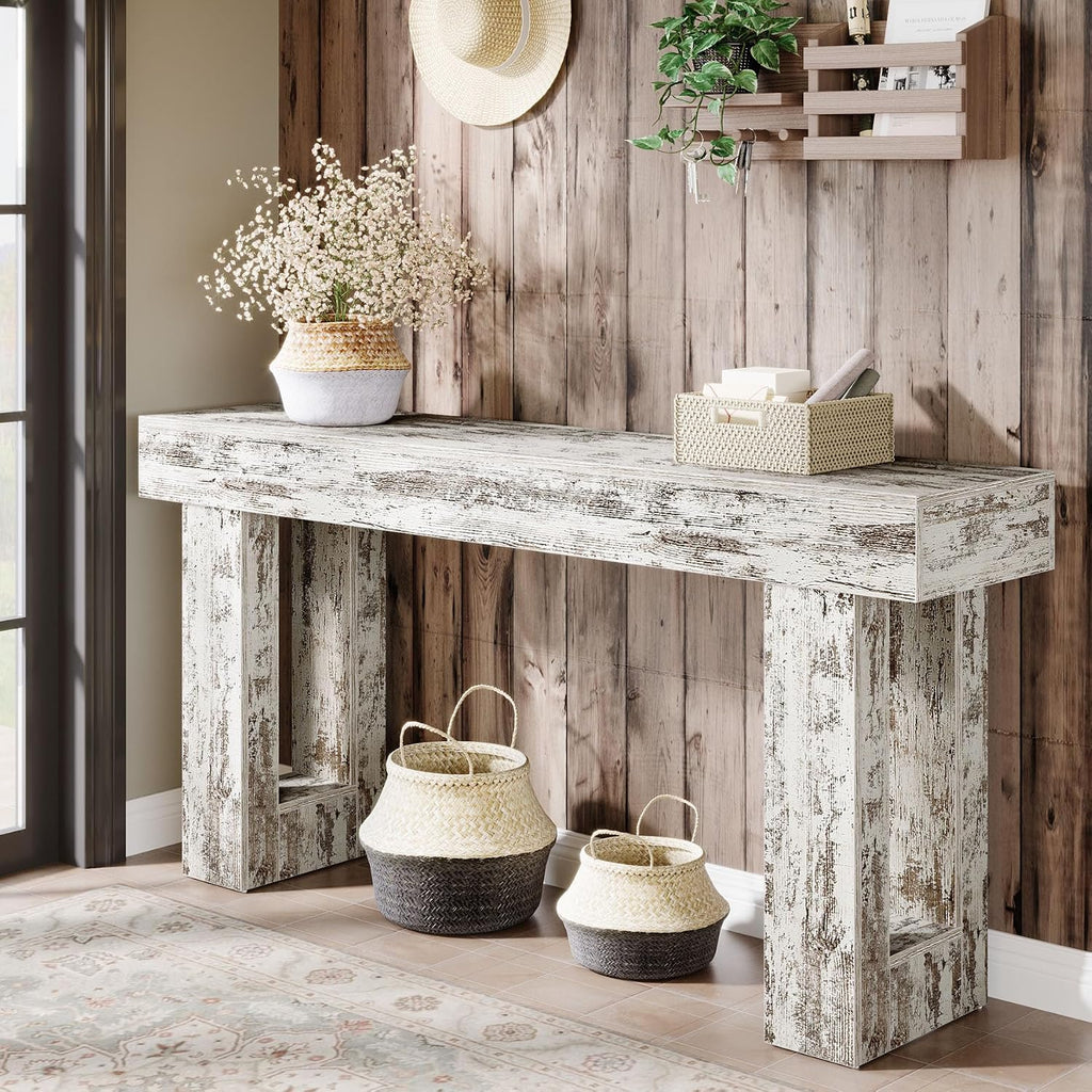 Tribesigns 63-Inch Long Console Table, Farmhouse Wooden Sofa Table Behind The Couch, Narrow Entryway Table for Entrance, Hallway, Living Room (Distressed White)