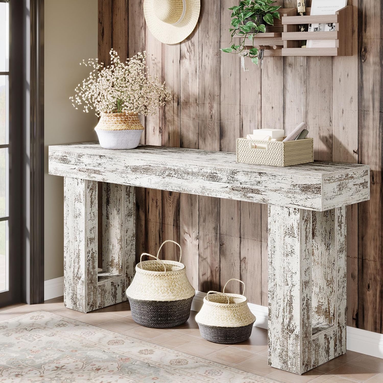 Tribesigns 63-Inch Long Console Table, Farmhouse Wooden Sofa Table Behind The Couch, Narrow Entryway Table for Entrance, Hallway, Living Room (Distressed White)