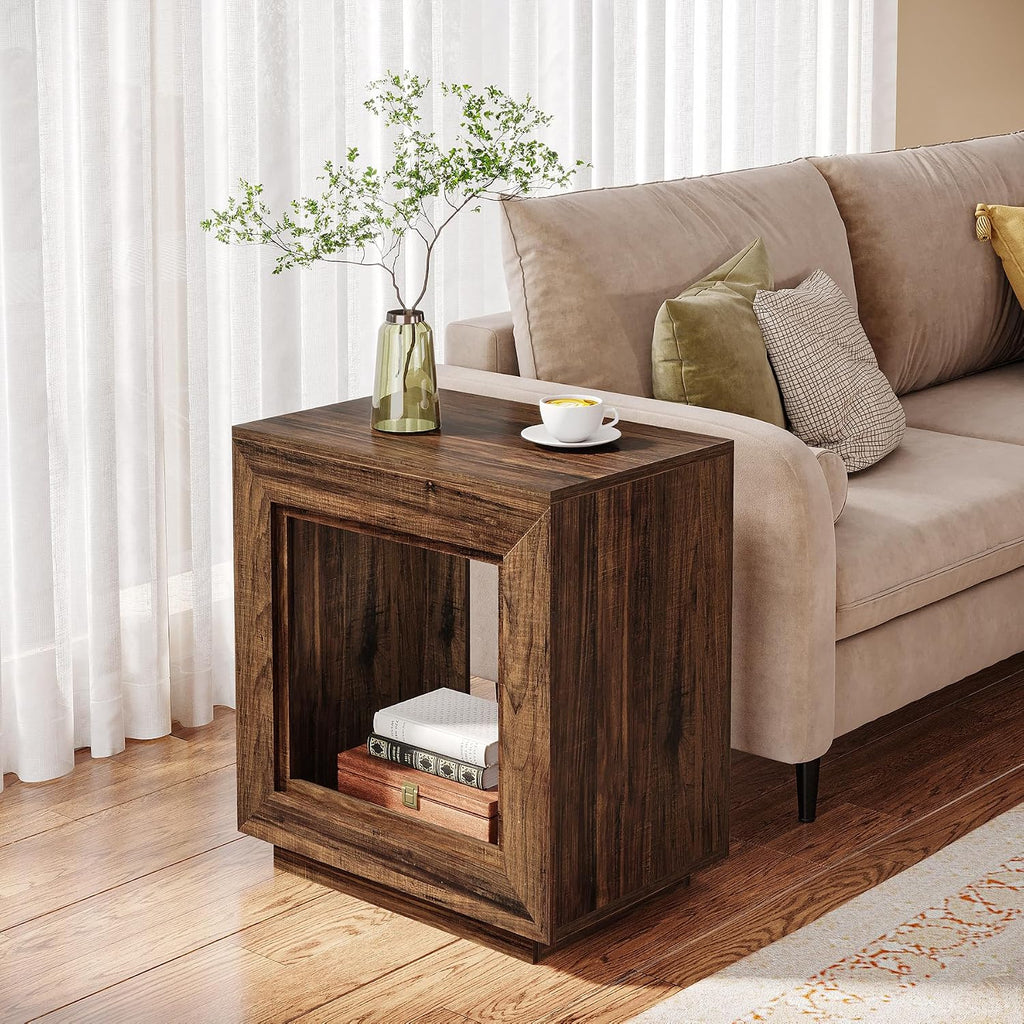 Tribesigns Rustic Wood End Table, 2 Tiered Square Side Table with Storage Shelf, Industrial Sofa Side Table for Living Room, Entrance (Rustic Brown) (1) (2, Brown)