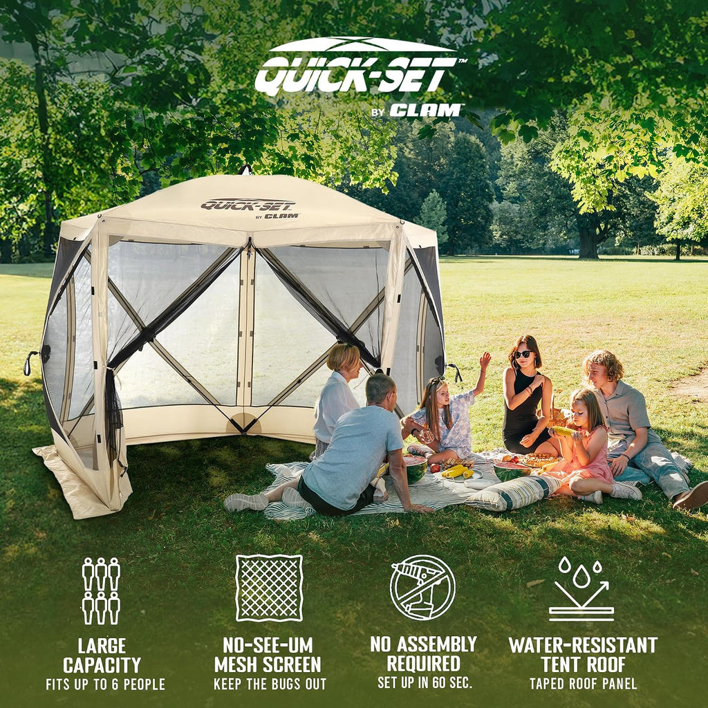 CLAM Venture 9' x 9' Pop-Up Screen Tent – Tan Portable 5-Sided Outdoor Gazebo Canopy with Mesh Netting, Carry Bag, Stakes & Tie-Downs – Instant Setup Shelter for Camping, Picnics & Events