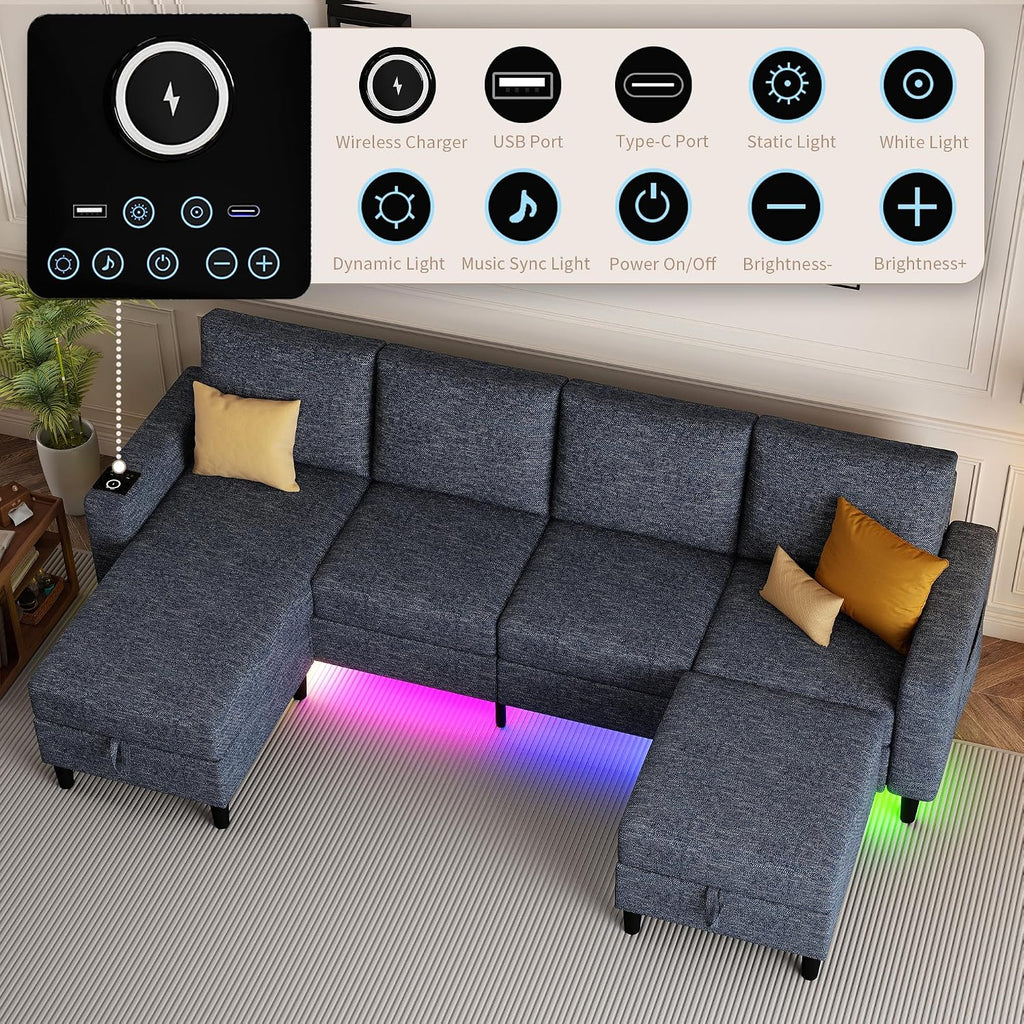 Sectional Couches for Living Room, 4 Seat Sectional Sofa with Smart Module-Wireless Charging/USB/Type-C/RGB Light, U Shaped Couch with Reversible Chaise Lounge/Storage Ottoman (Blue)
