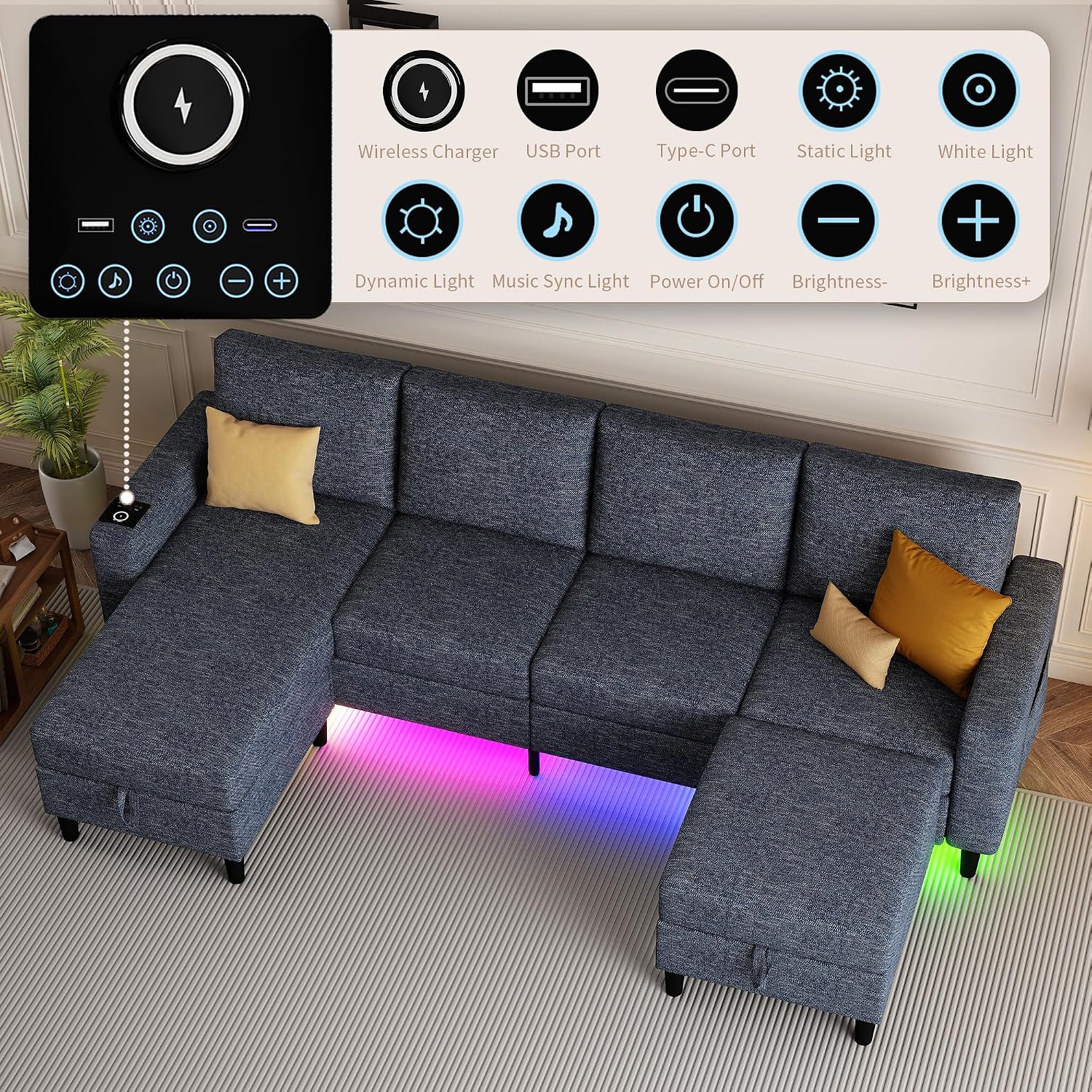 Sectional Couches for Living Room, 4 Seat Sectional Sofa with Smart Module-Wireless Charging/USB/Type-C/RGB Light, U Shaped Couch with Reversible Chaise Lounge/Storage Ottoman (Blue)