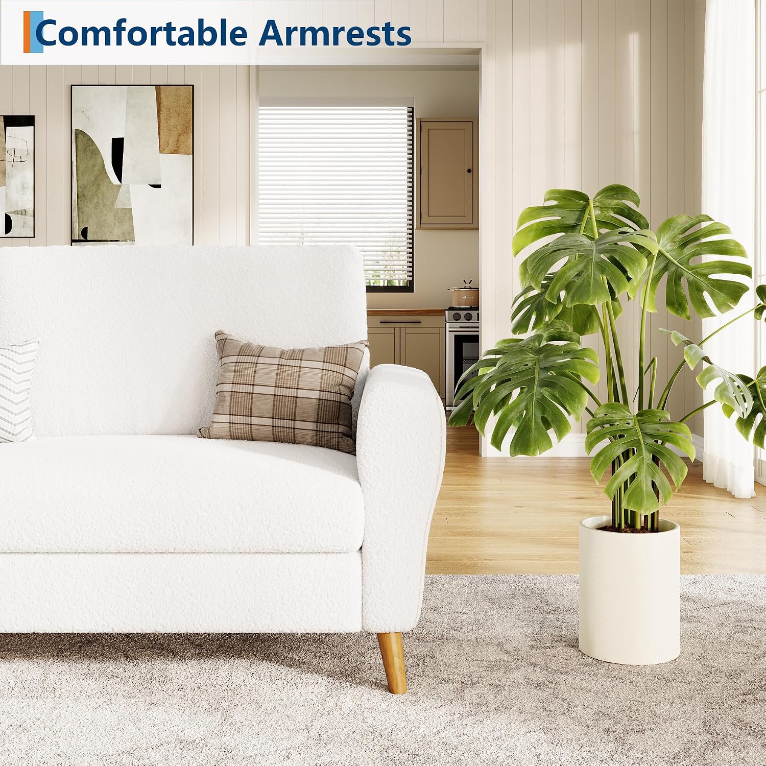 IDEALHOUSE 84 Inch Modern Sofa Couch, Large 3-Seater Sofa with Streamlined Armrests, Boucle Loveseat Wood Feet, Comfy Couch for Living Room, Apartment, Lounge, White