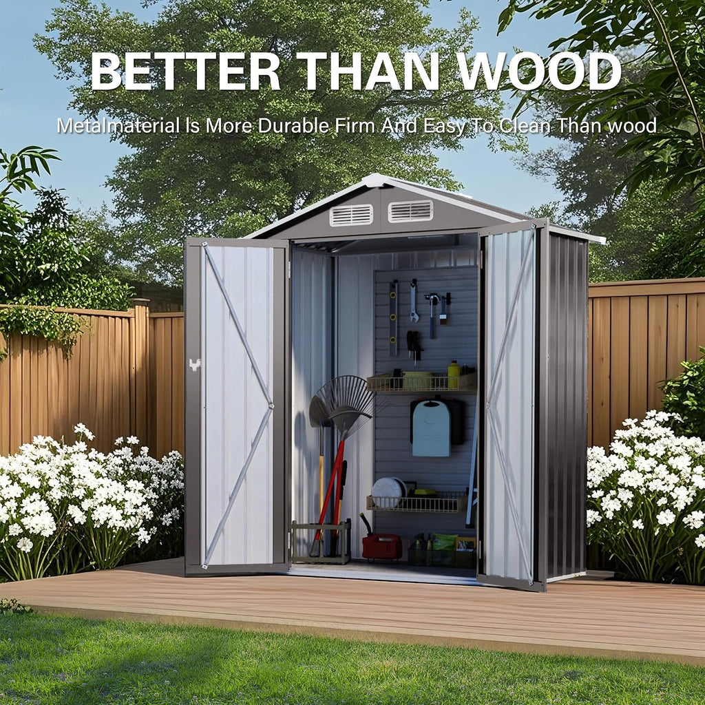 5x3 FT Metal Outdoor Storage Shed, Compact Garden Tool Shed with Peaked Waterproof Roof and Lockable Door, Small Weather-Resistant Metal Organizer for Backyard, Patio, Balcony and Bike Storage, Gray