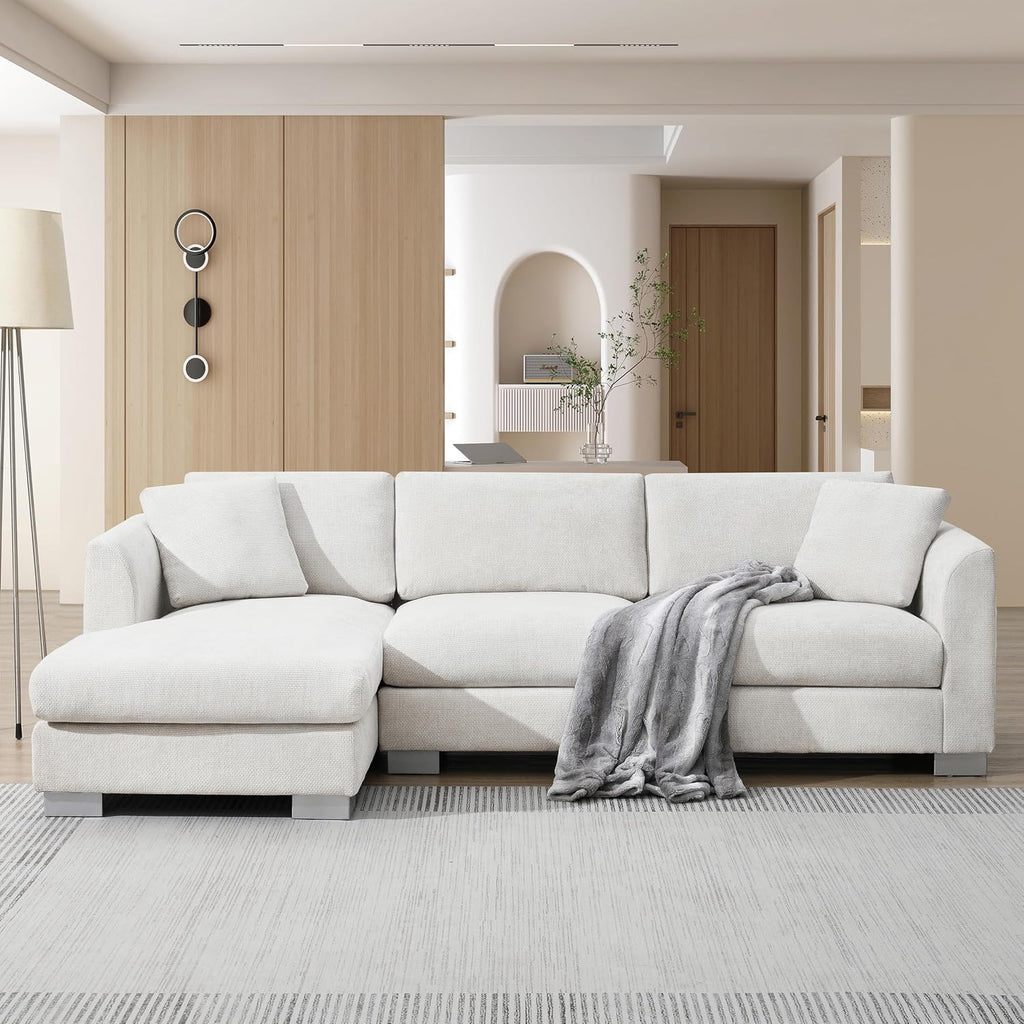 Merax Modern Chenille Sectional Sofa with Oversized Chaise, L-Shaped Couch with 2 Free Pillows, 4-Seat Sleeper Lounge for Living Room, Apartment,Office Minsk Gray
