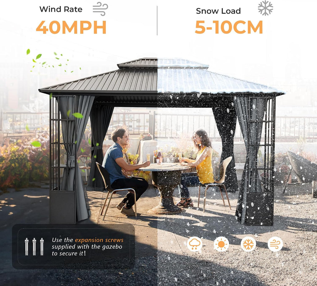 HAPPATIO 10' x 12' Hardtop Gazebo, Outdoor Gazebo with Netting and Curtains, Double Roof Permanent Patio Metal Canopy with Storage Shelf for Patio, Deck, Backyard (Gray)