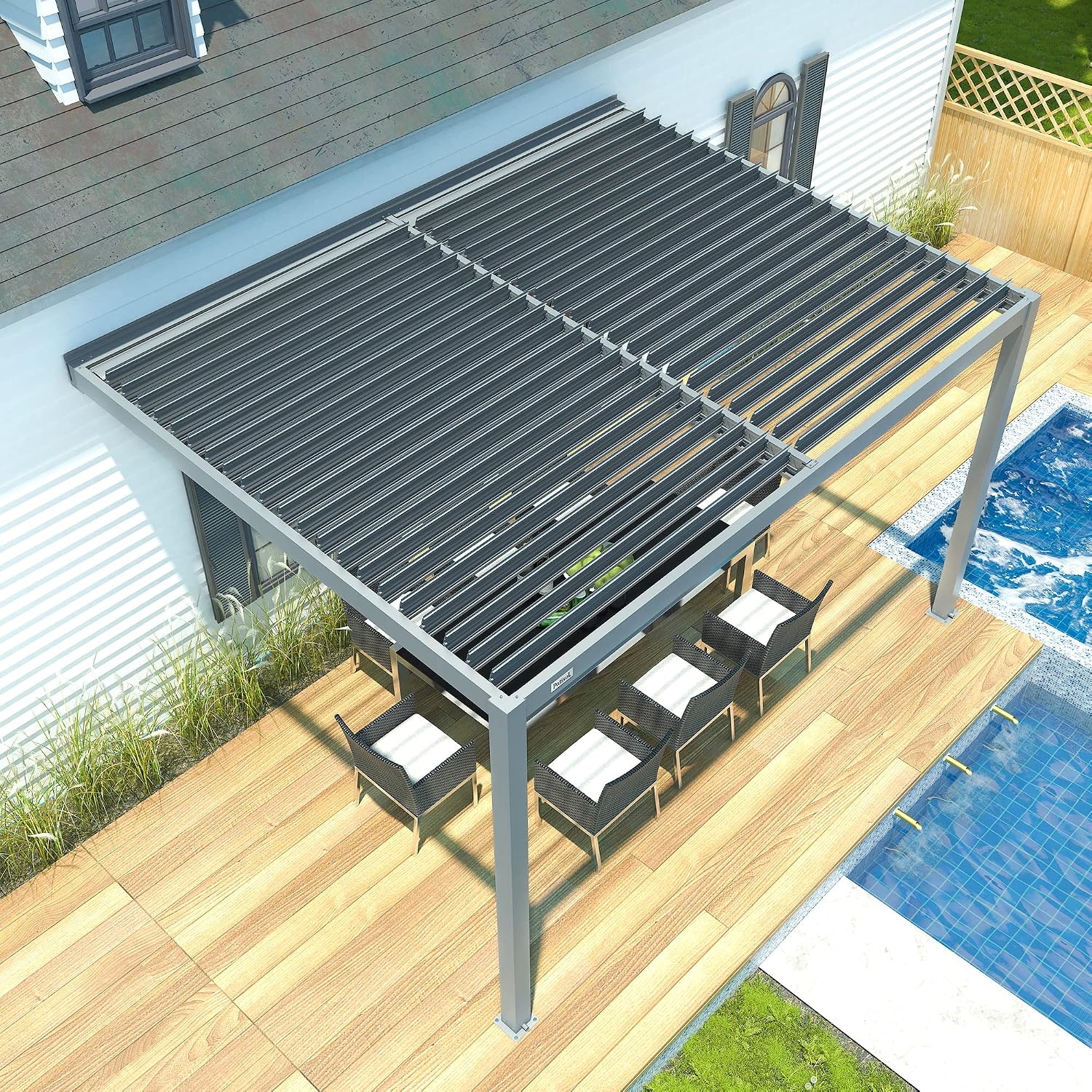 PATISOL Louvered Pergola 13'x10' Outdoor Full Aluminum Wall Mounted with Adjustable Roof Hardtop Rainproof Gazebo for Deck, Garden, Yard (Grey)