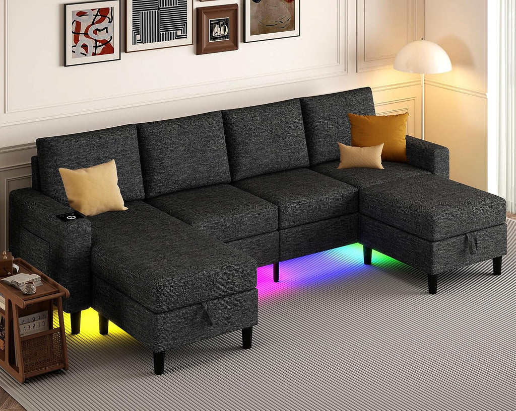 Sectional Couches for Living Room, 4 Seat Sectional Sofa with Smart Module-Wireless Charging/USB/Type-C/RGB Light, U Shaped Couch with Reversible Chaise Lounge/Storage Ottoman (Charcoal Grey)