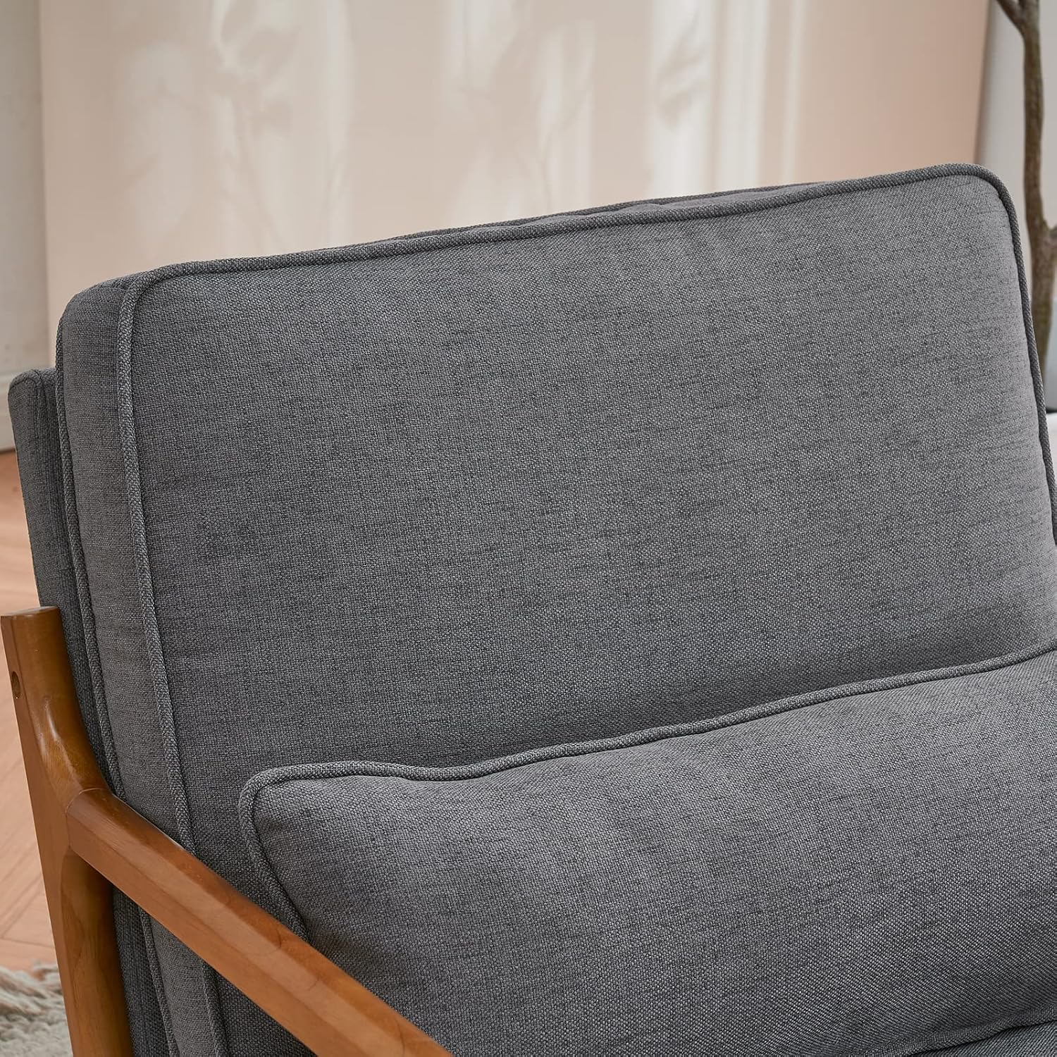 Karl home Accent Chair Mid-Century Modern Chair with Pillow Linen Fabric Upholstered Lounge Arm Chair with Solid Wood Frame & Soft Cushion for Living Room, Bedroom, Balcony, Gray