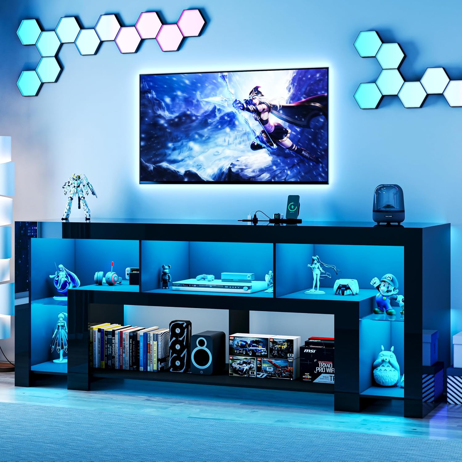94.5' Fireplace TV Stand for TVs Up to 100', Gaming LED Entertainment Center, Modern High Gloss Media Console for Living Room, Glass Shelves & Open Storage, Black（no Fireplace）
