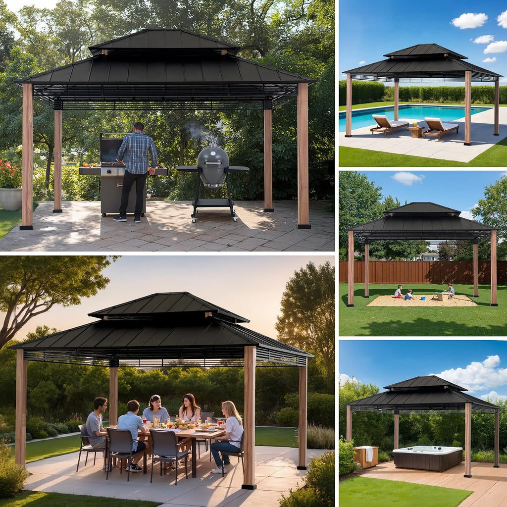 SUNJOY 13 x 15 ft. Hardtop Gazebo, Outdoor Patio Black Steel Frame Gazebo with 2-Tier Steel Roof,for Ultimate Outdoor Enjoyment, for All-Season Comfort