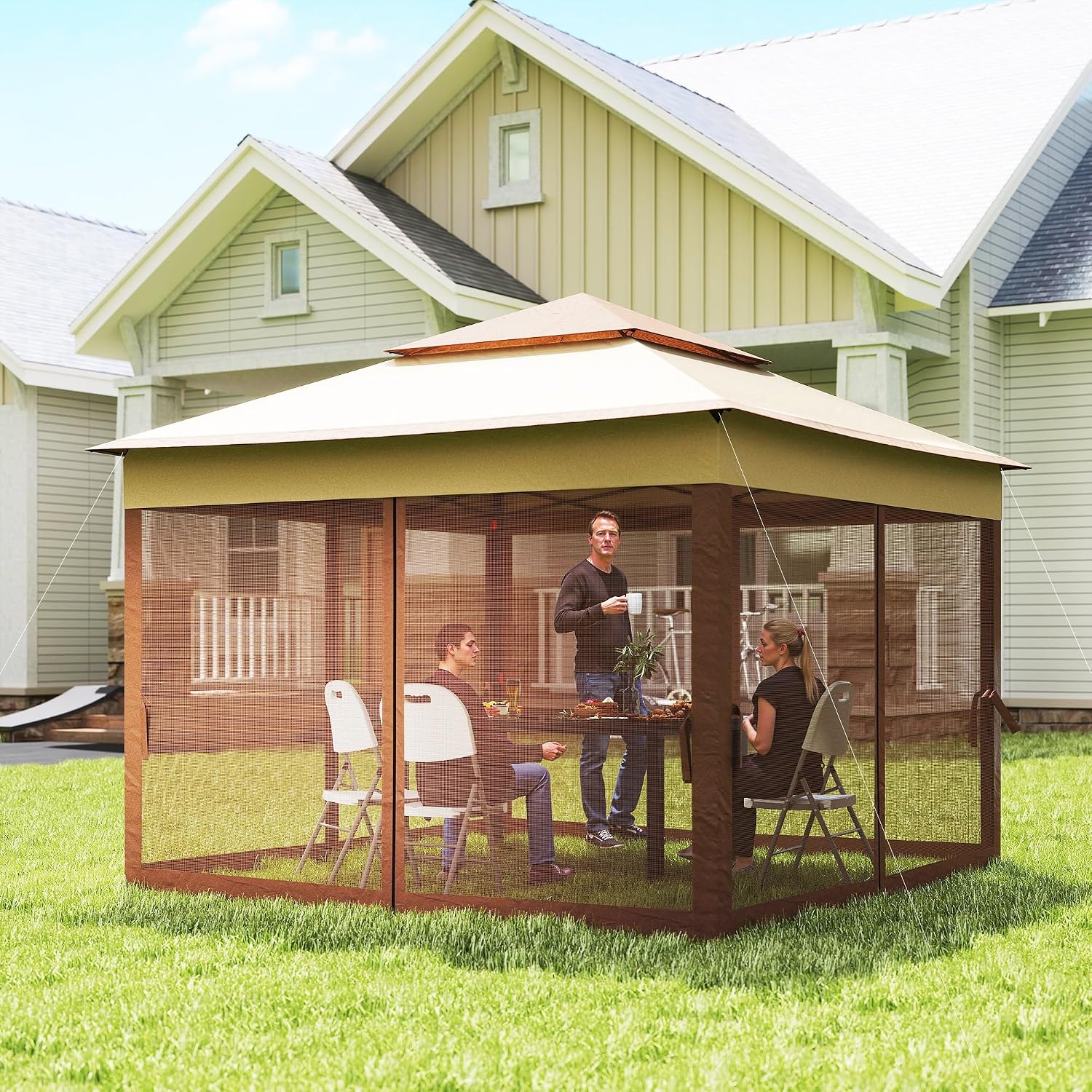 Outsunny 11' x 11' Pop Up Canopy, Outdoor Patio Gazebo Shelter with Removable Zipper Netting, Instant Event Tent w/ 114 Square Feet of Shade and Carry Bag for Backyard, Garden, Khaki