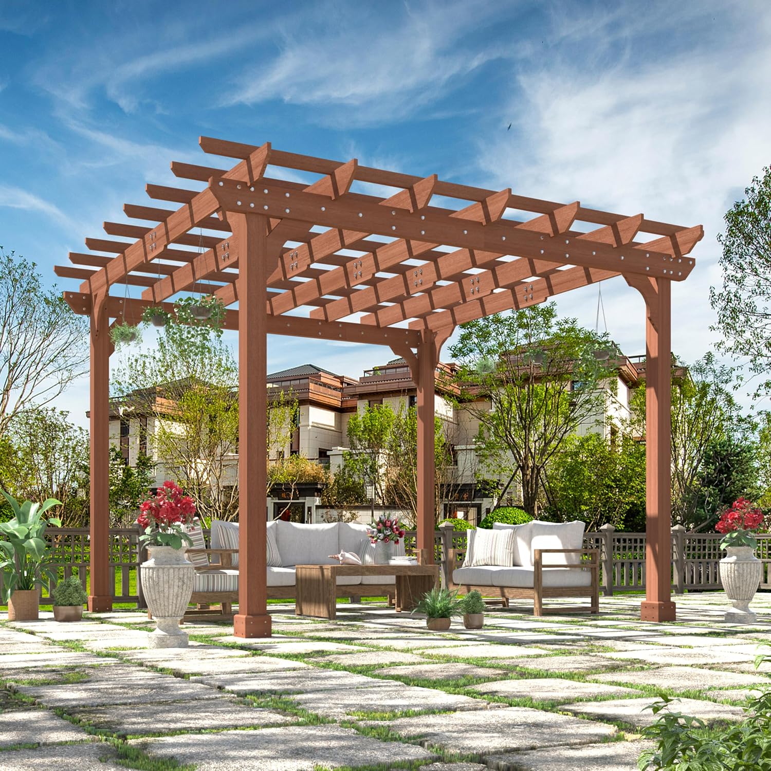 BlueWish 12'x12' Pergola with Solid Cedar Wood Frame, Patio Wood Gazebo Backyard Gazebo Pergola Kits with Slatted Roof Trellis & Stakes for Deck Yard Grill Party Garden
