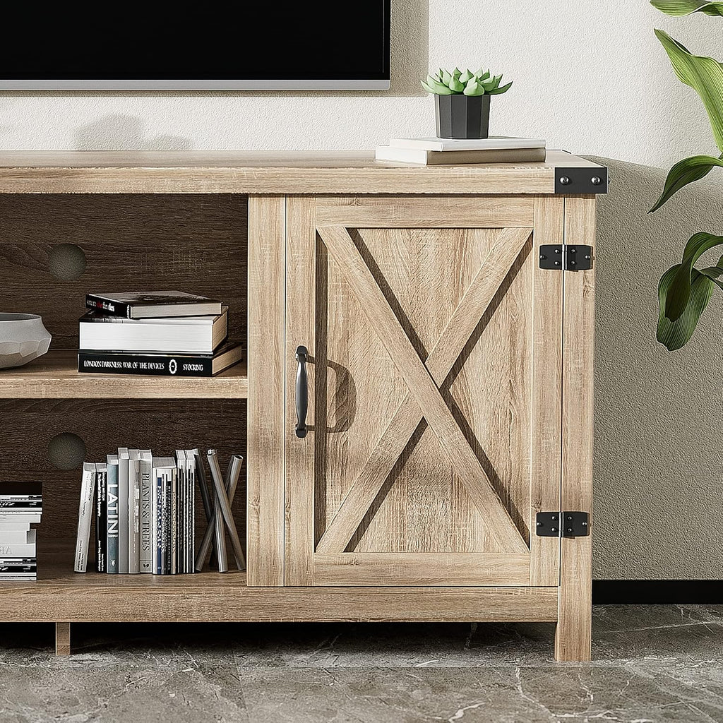 JUMMICO TV Stand, 65 Inch TV Farmhouse Entertainment Center with Double Barn Doors and Storage Cabinets, Console TV Table Media for Living Room, Bedroom (Pale Yellow)