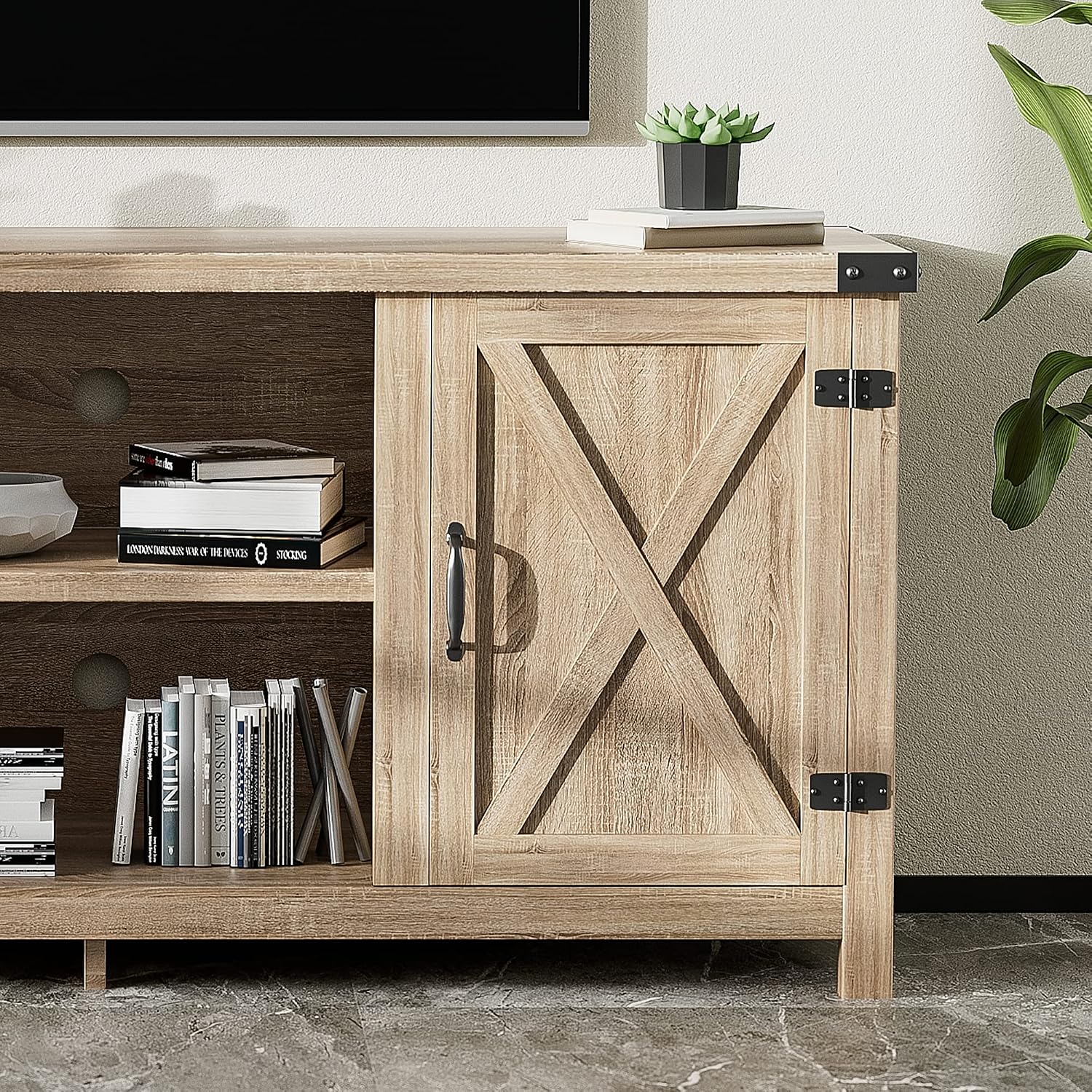 JUMMICO TV Stand, 65 Inch TV Farmhouse Entertainment Center with Double Barn Doors and Storage Cabinets, Console TV Table Media for Living Room, Bedroom (Pale Yellow)