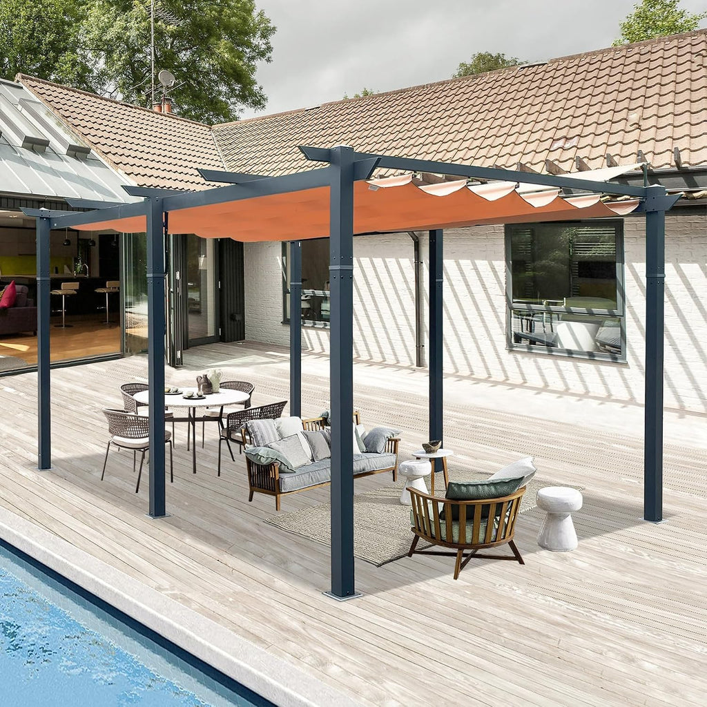 Domi 11'x16' Outdoor Retractable Pergola with Sun Shade Canopy, Aluminum Pergolas and Gazebos Clearance, Patio Outdoor Metal Pergola Canopy for Deck, Garden, Backyard, Khaki