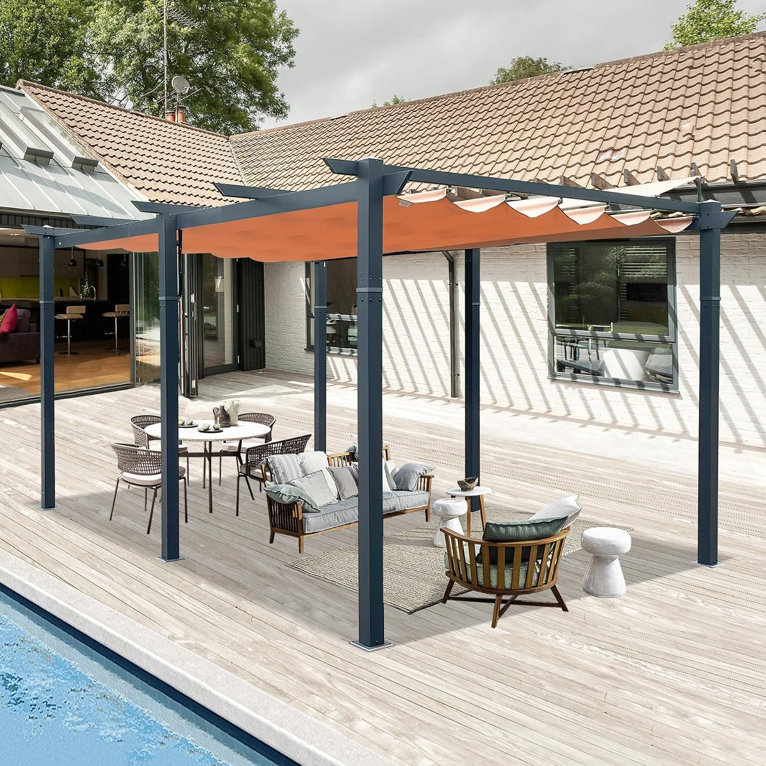 Domi 11'x16' Outdoor Retractable Pergola with Sun Shade Canopy, Aluminum Pergolas and Gazebos Clearance, Patio Outdoor Metal Pergola Canopy for Deck, Garden, Backyard, Khaki
