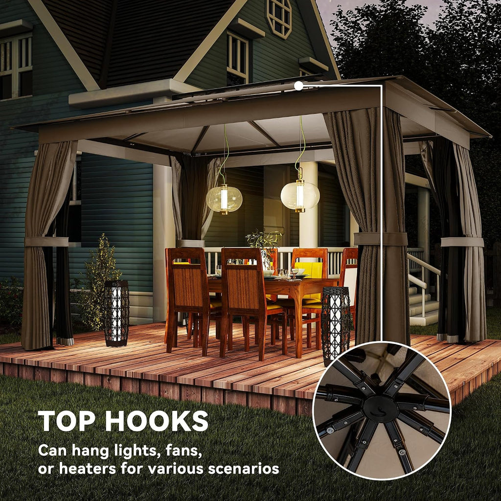 Outsunny 10' x 12' Outdoor Patio Gazebo, Heavy Duty Gazebo Canopy Shelter with Double Roof, Curtains, Netting, Steel Frame, UPF30+ Protection, Ceiling Hooks for Lawn, Backyard, Deck, Khaki