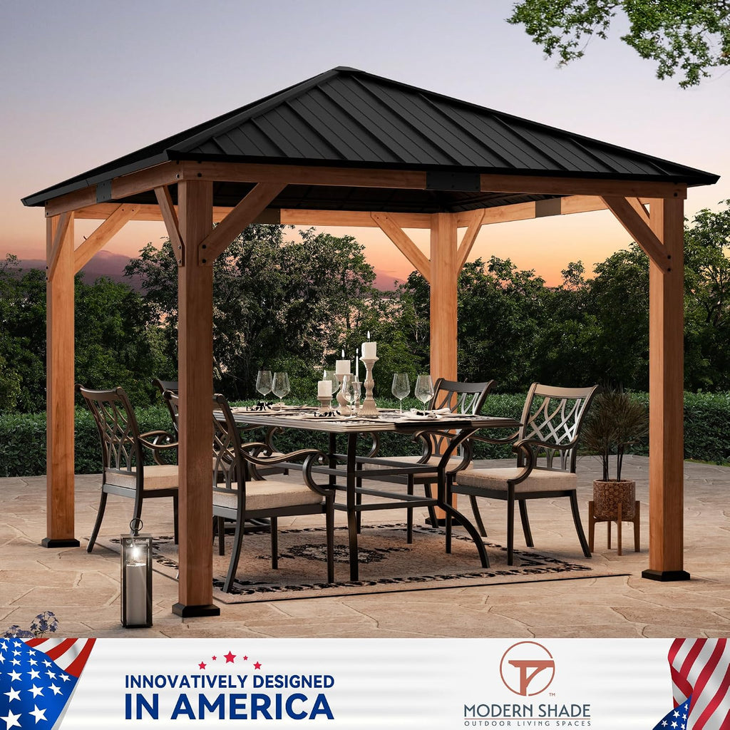 Modern Shade Tranquil Grove Wood Gazebo 10' x 10', Hardtop Gazebo Permanent with Galvanized Steel Roof, Cedar Outdoor Gazebo with Sturdy Hooks for Garden, Backyard, Patio and Deck